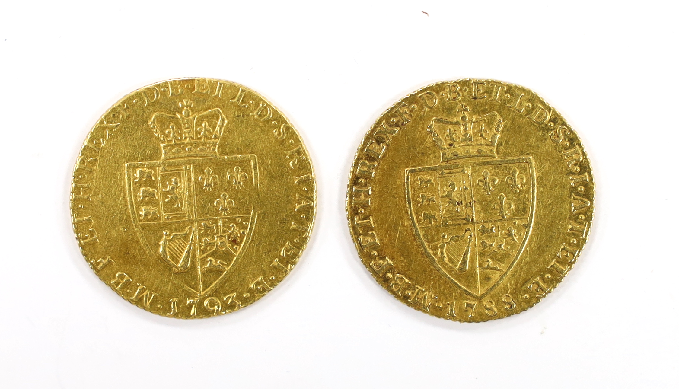 British gold coins, two George III guineas, 1788, good VF and 1793, edge wear otherwise F, both (S3729)